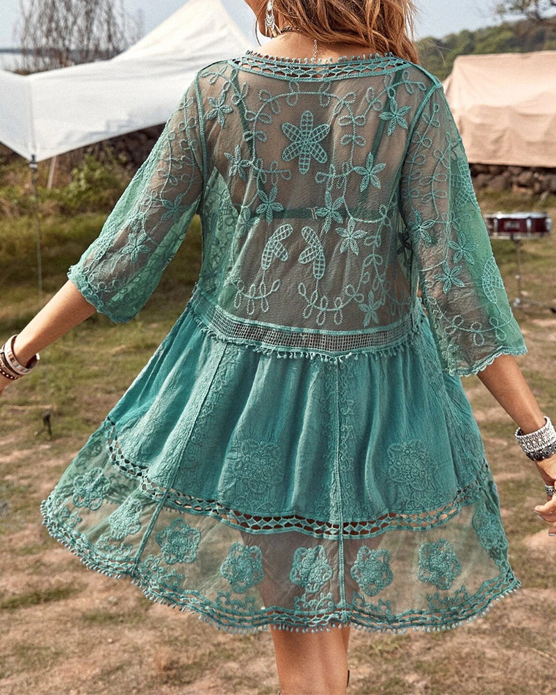 V-Neck Smocked Dress with Lace Embroidery