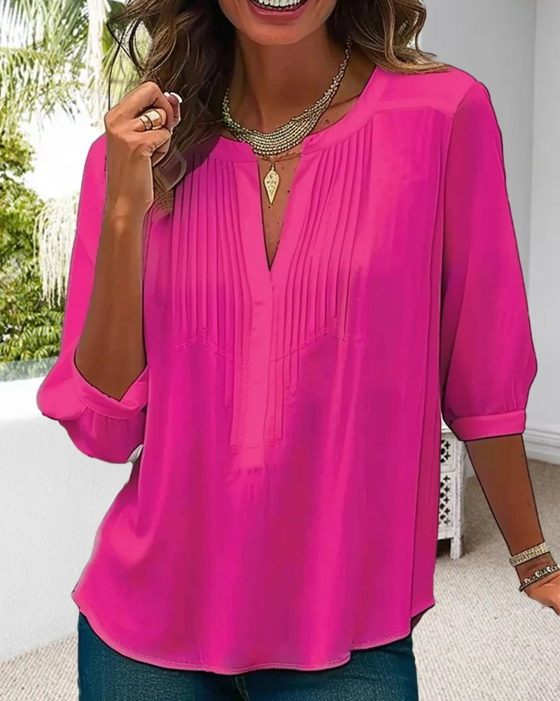 Solid Pleated V-Neck Blouse