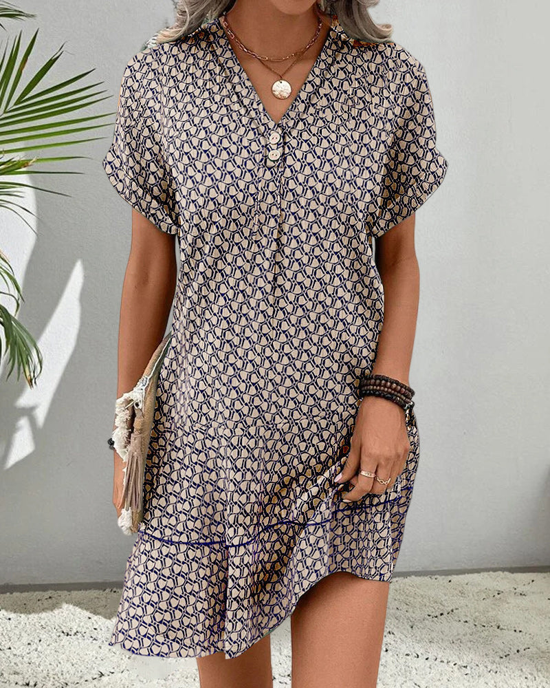 Short-Sleeved Casual Dress with V-Neck