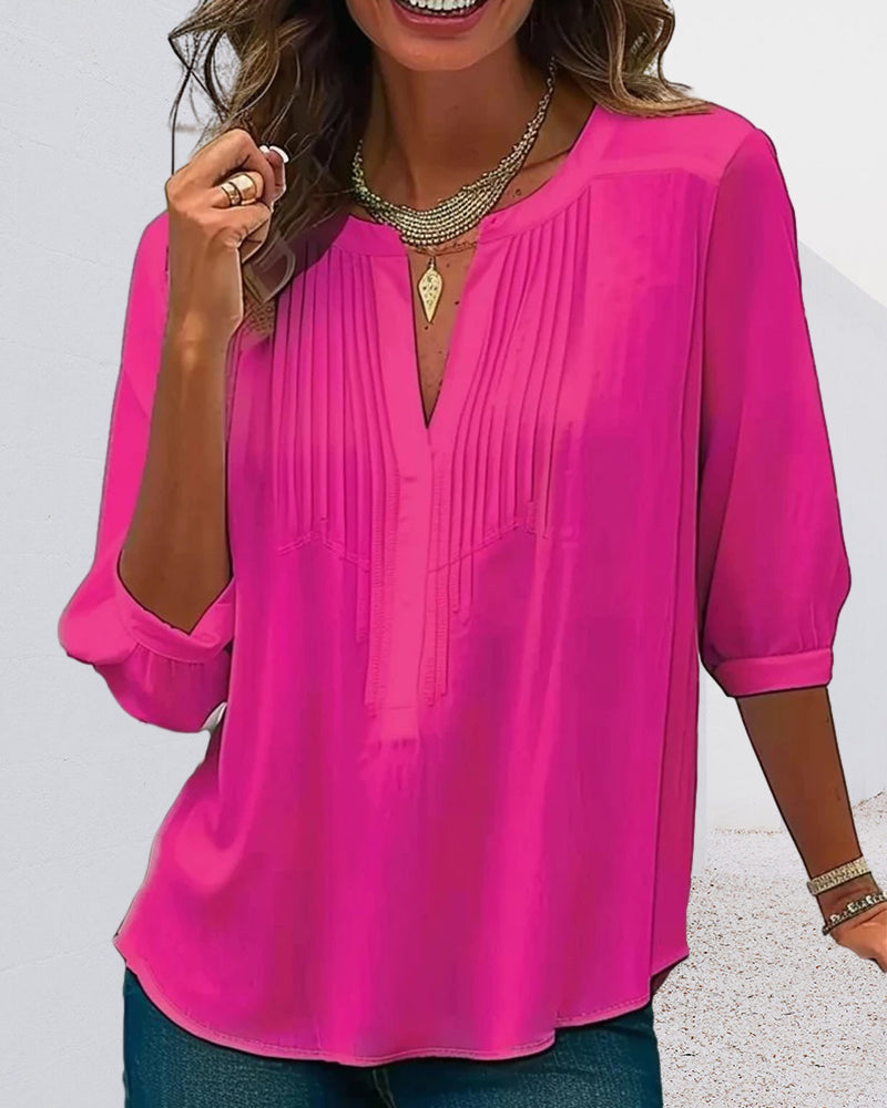 Solid Pleated V-Neck Blouse