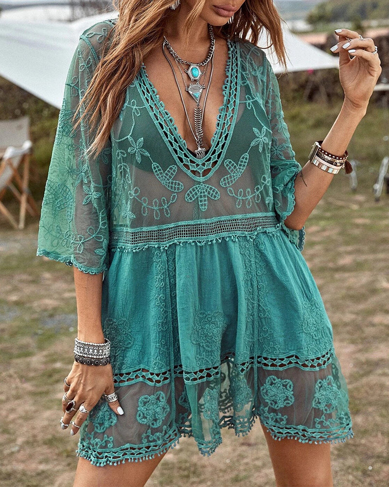 V-Neck Smocked Dress with Lace Embroidery