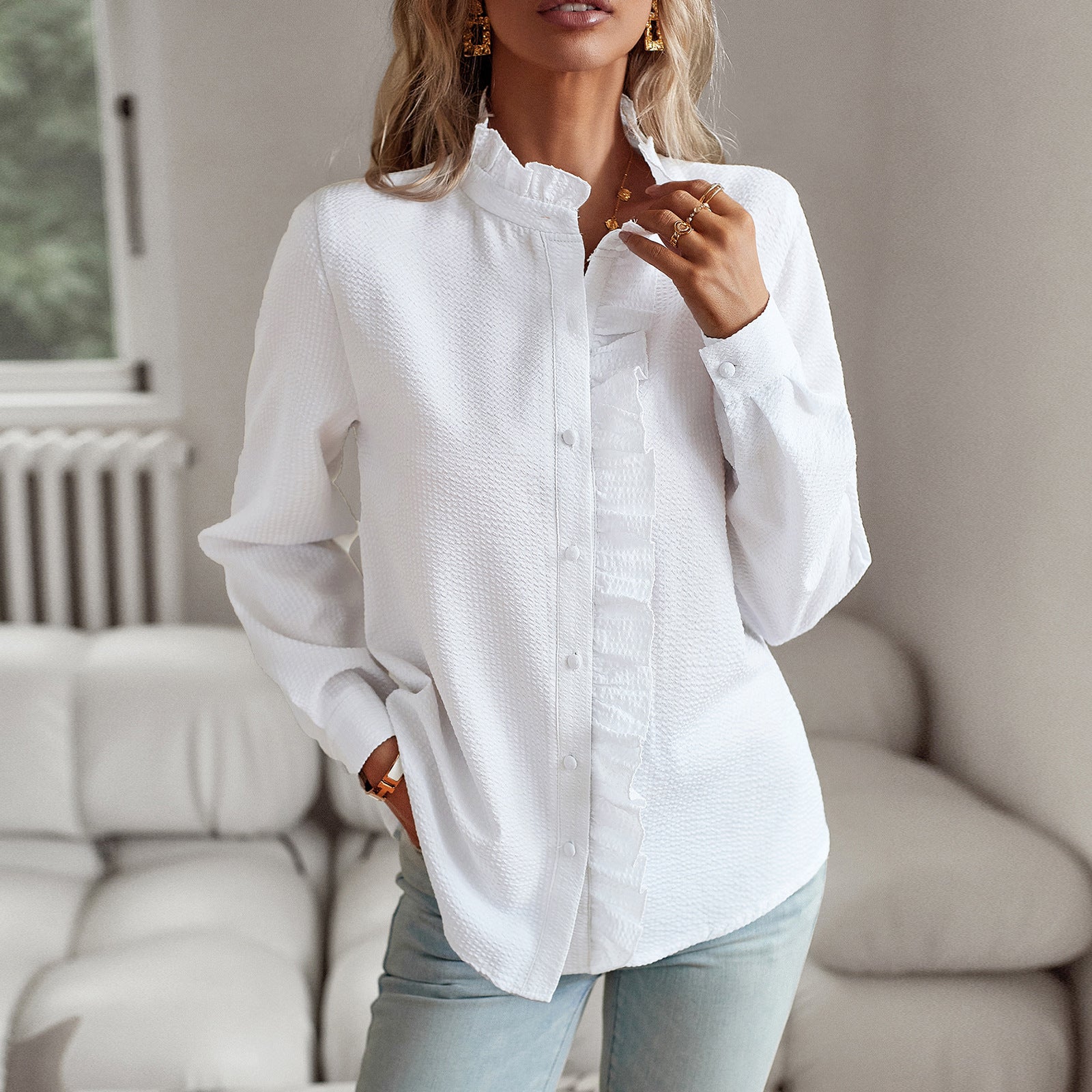 Lightweight Long Sleeve Blouse for Women with Ruffle Details