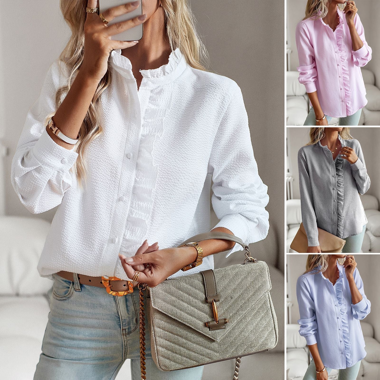 Lightweight Long Sleeve Blouse for Women with Ruffle Details