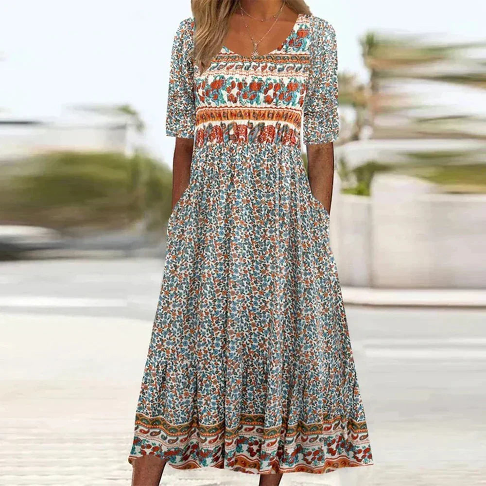 Bohemian Floral Midi Dress | Comfortable & Stylish