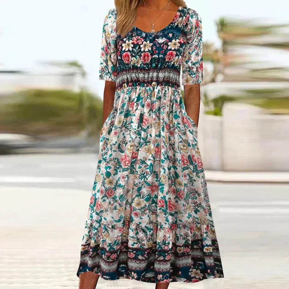 Bohemian Floral Midi Dress | Comfortable & Stylish