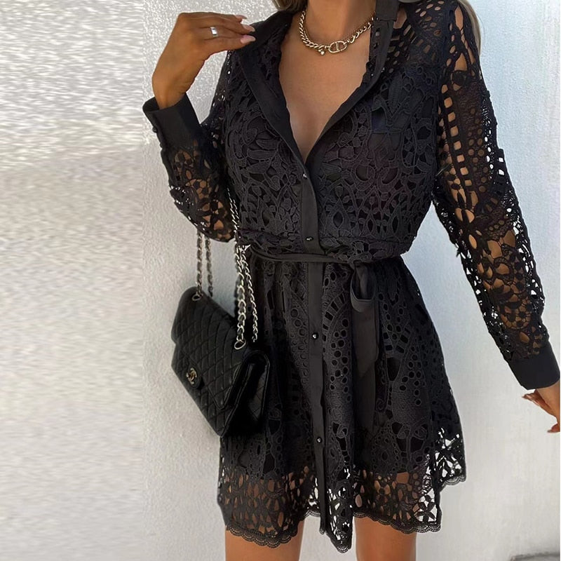 Elegant Lace Shirt Dress | Belted & Button-Up