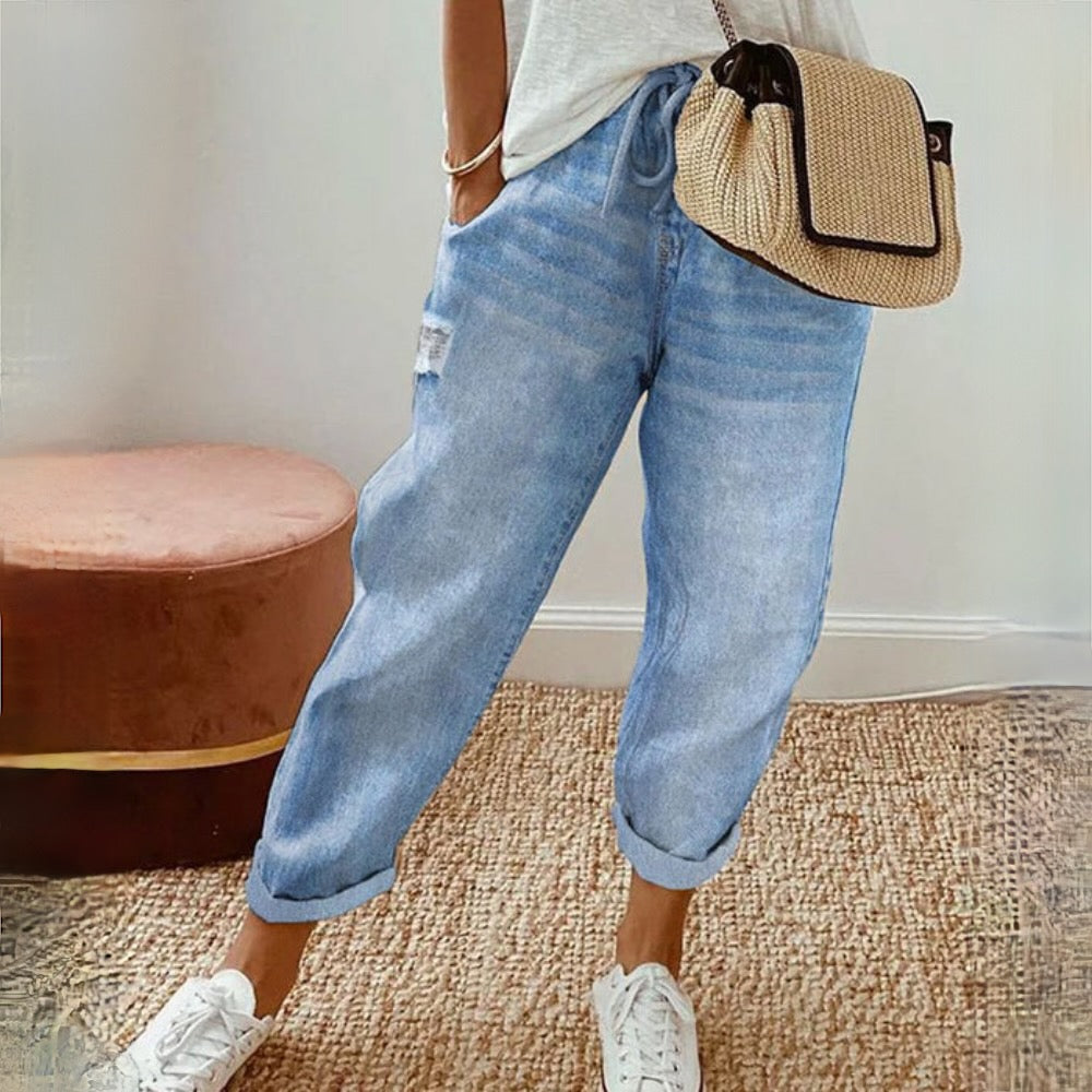 Women's Loose Fit Denim Pants | Casual Drawstring Jeans