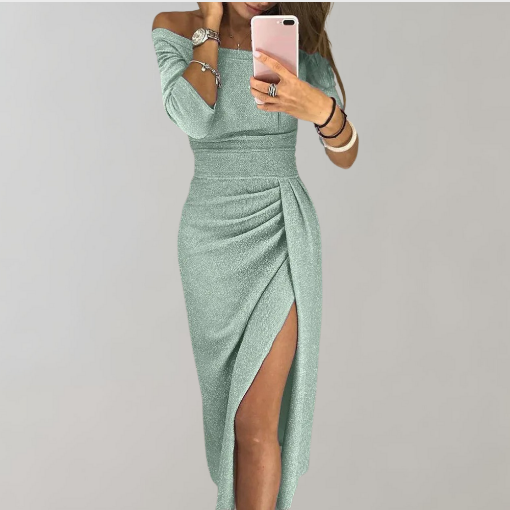 Elegant Off-Shoulder Bodycon Dress | Glitter Slit Design