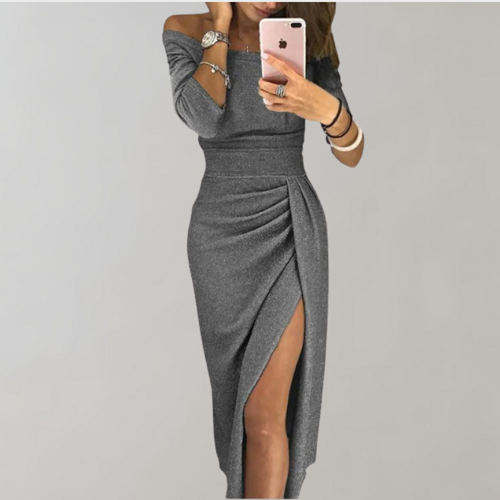 Elegant Off-Shoulder Bodycon Dress | Glitter Slit Design