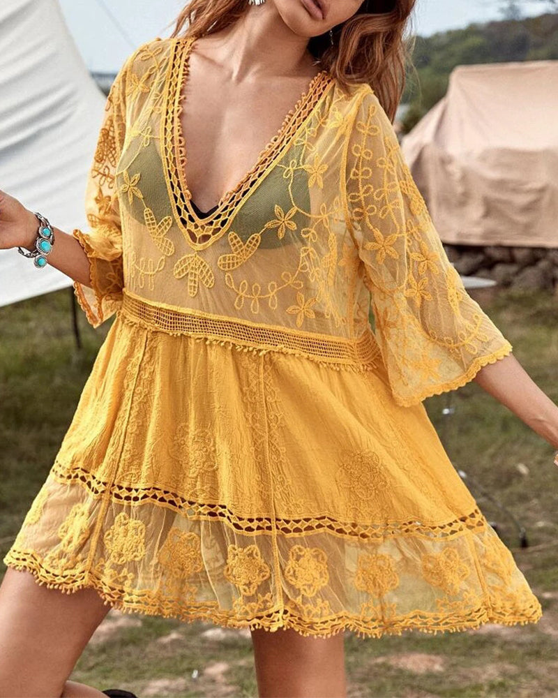 V-Neck Smocked Dress with Lace Embroidery