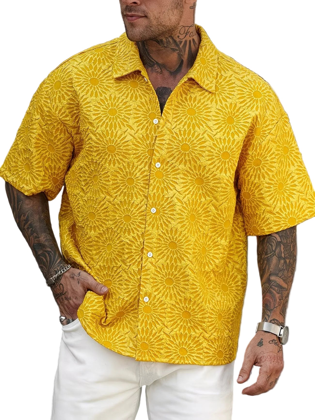 Men’s Short-Sleeve Shirt with Textured Sunflower Pattern