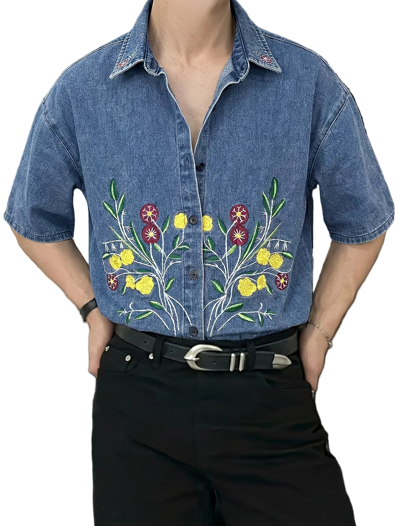 Men's Floral Embroidered Short-Sleeve Shirt