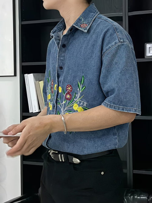 Men's Floral Embroidered Short-Sleeve Shirt