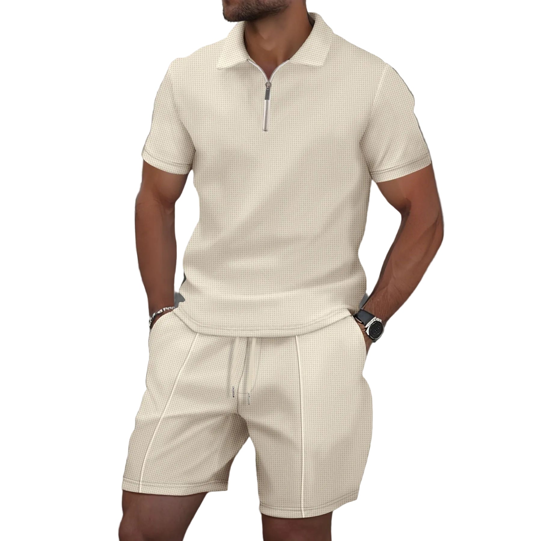 Men’s Textured Zip Polo Shirt and Shorts Set