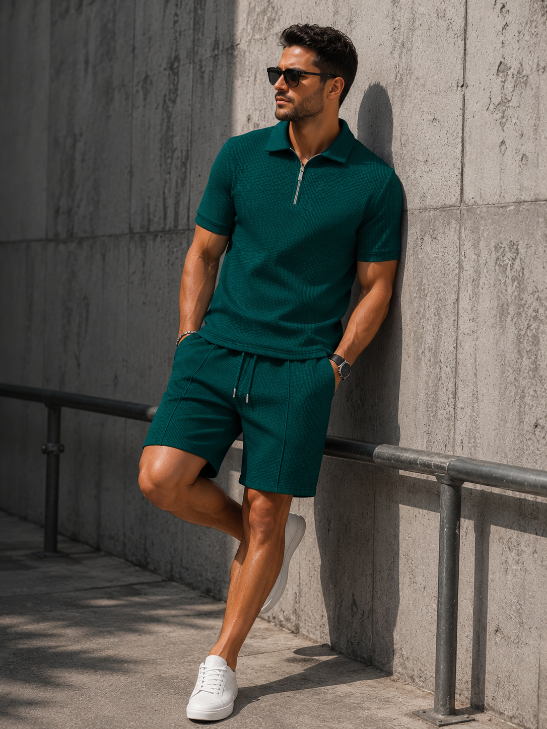 Men’s Textured Zip Polo Shirt and Shorts Set
