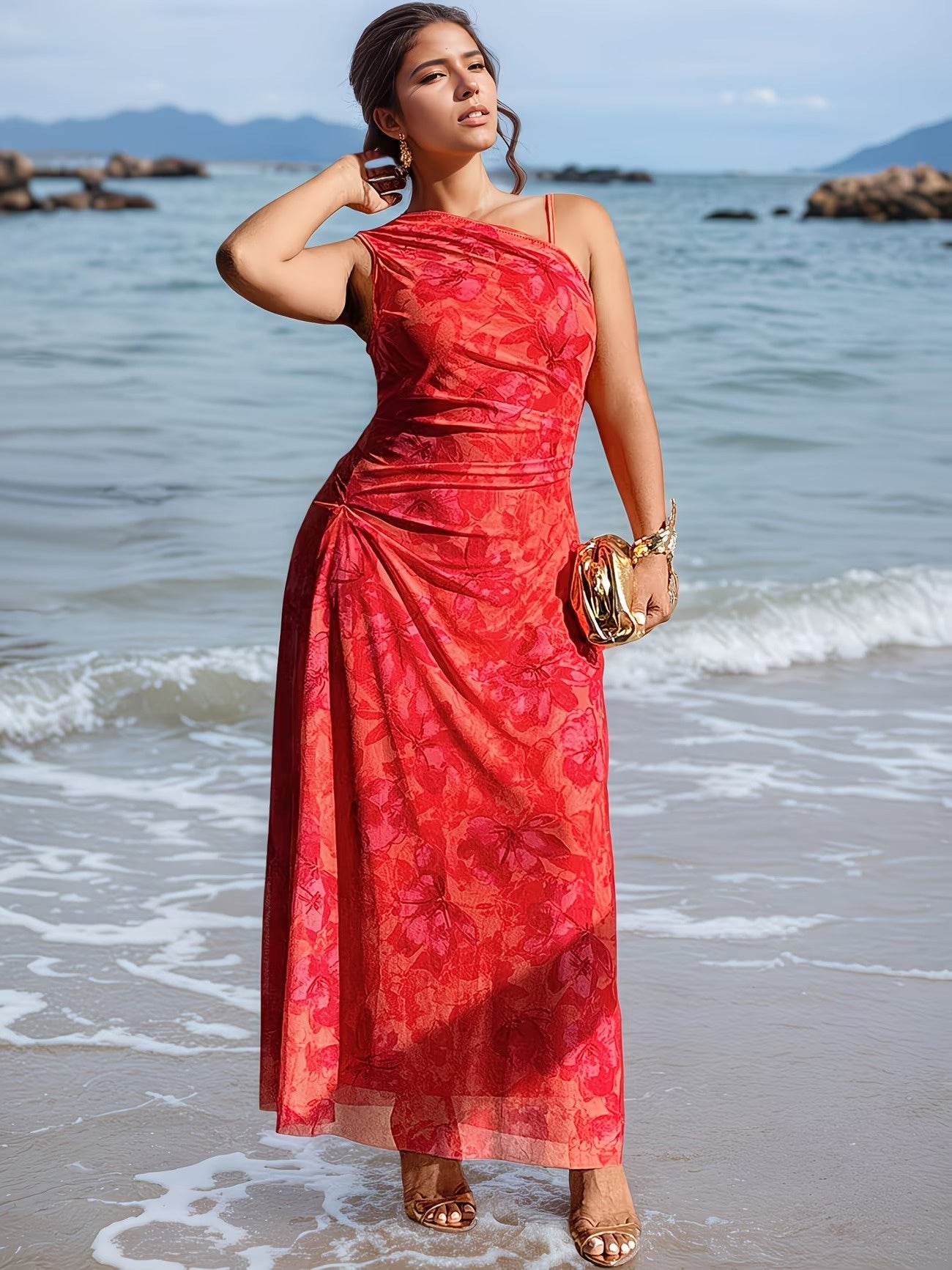 Women's Asymmetric Maxi Dress with Floral Print