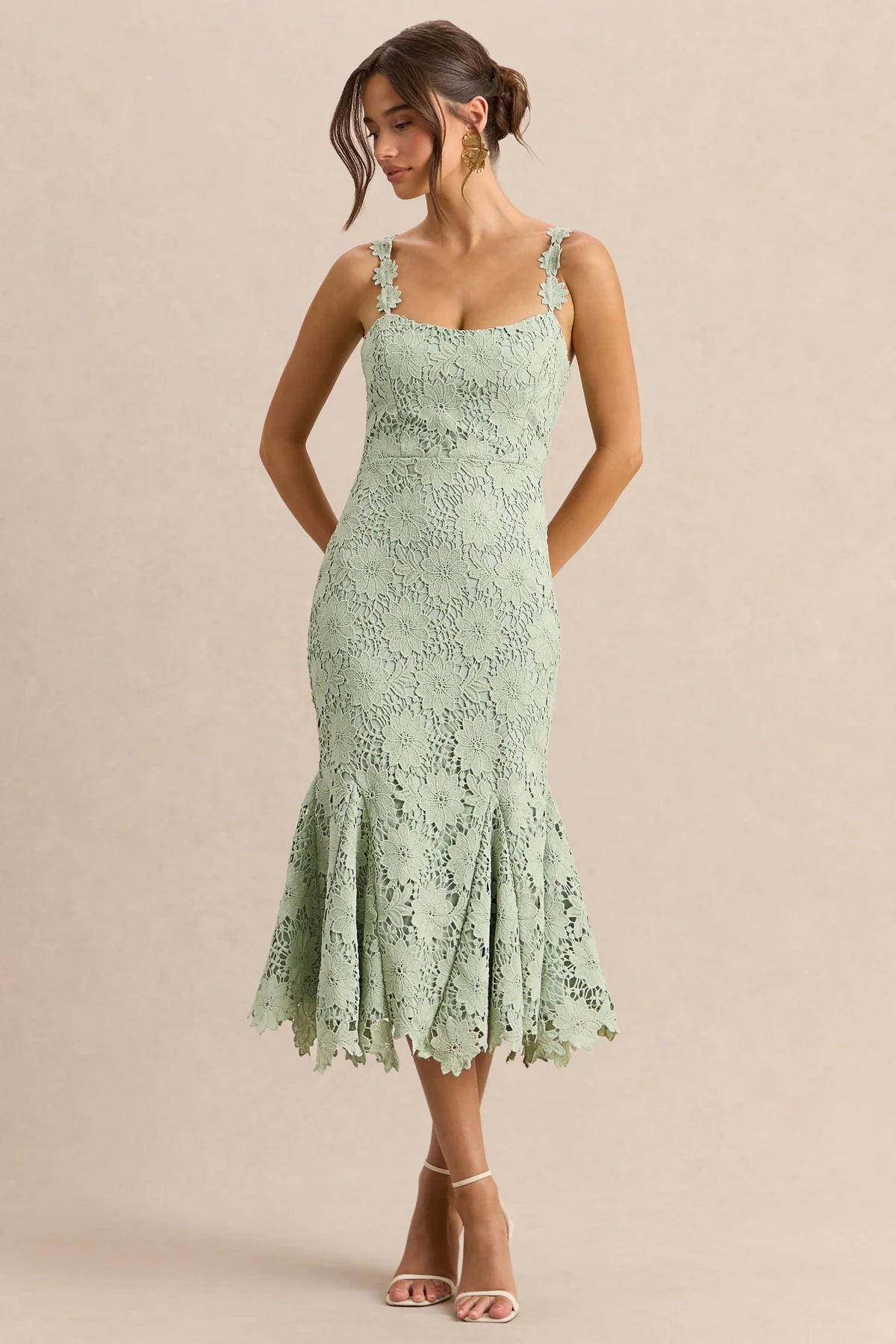Women’s Floral Lace Midi Dress with Flared Hem