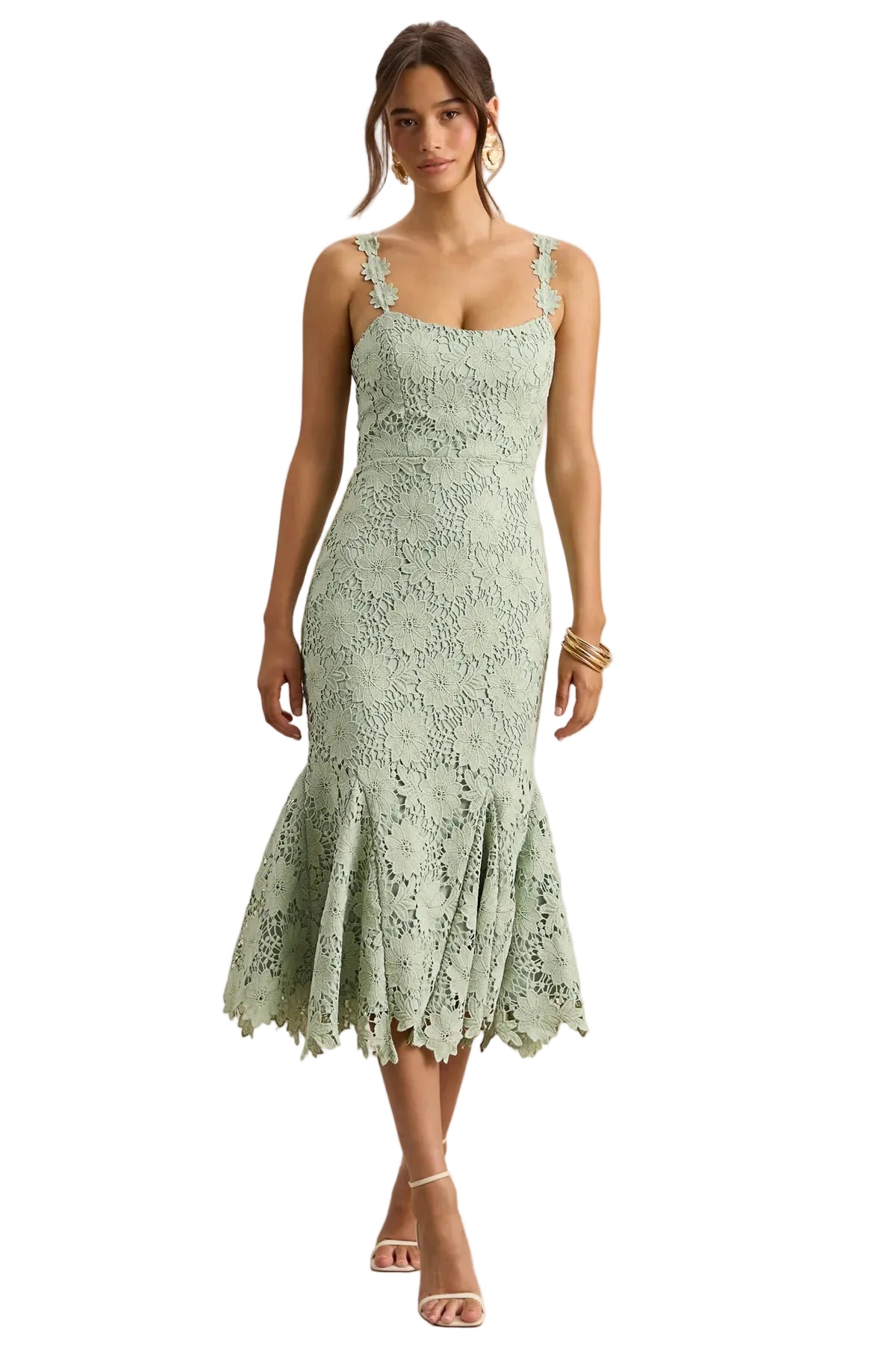 Women’s Floral Lace Midi Dress with Flared Hem