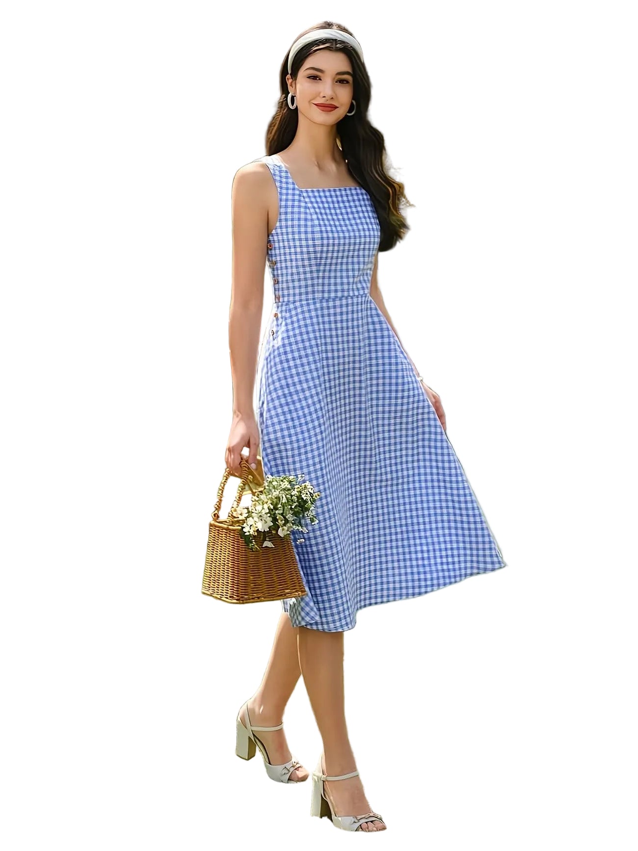Women's Gingham Square-Neck Midi Dress