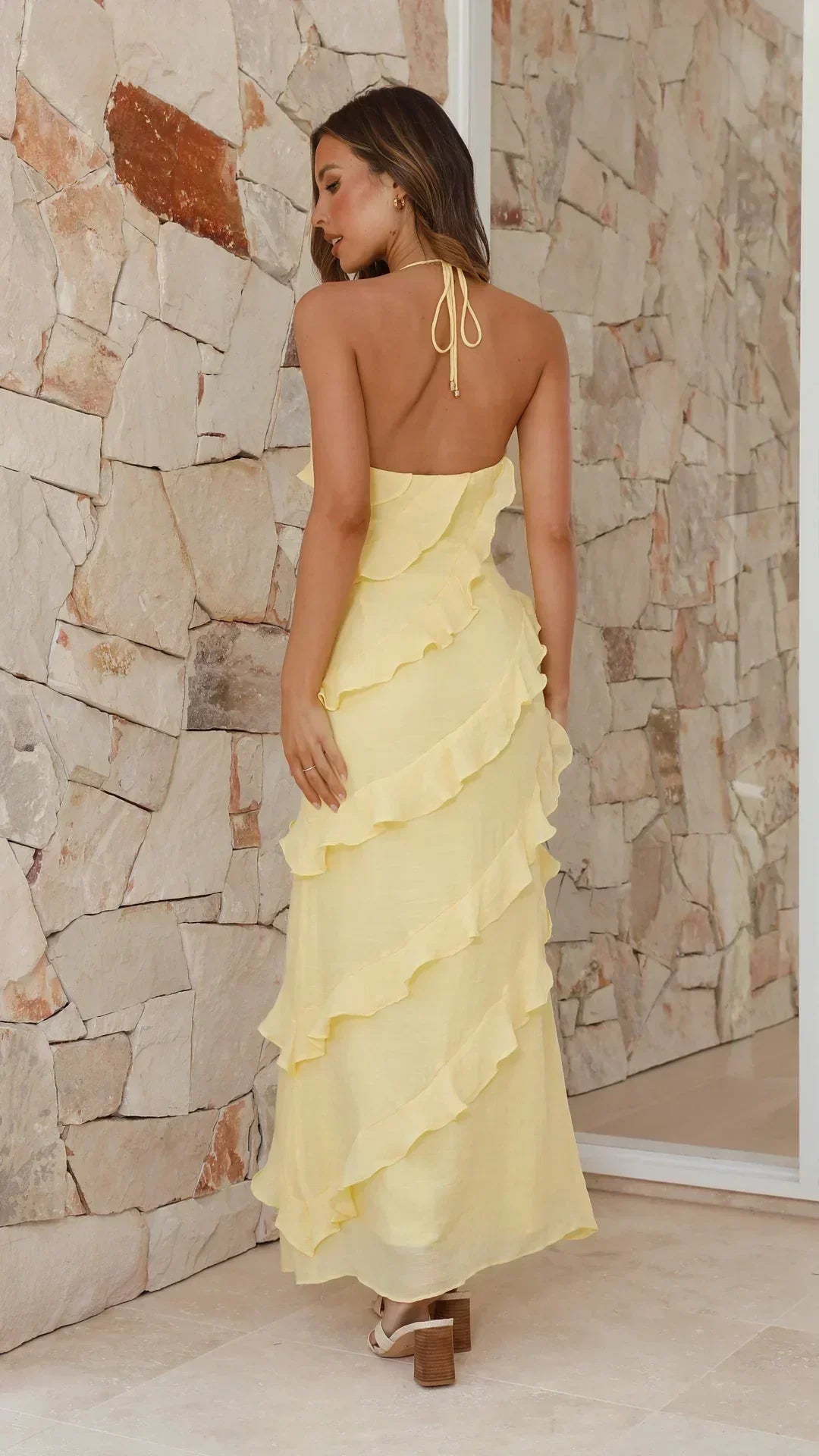 Women’s Halter Neck Maxi Dress with Ruffle Layers