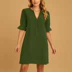 Women’s V Neck Shift Dress with Ruffle Sleeves